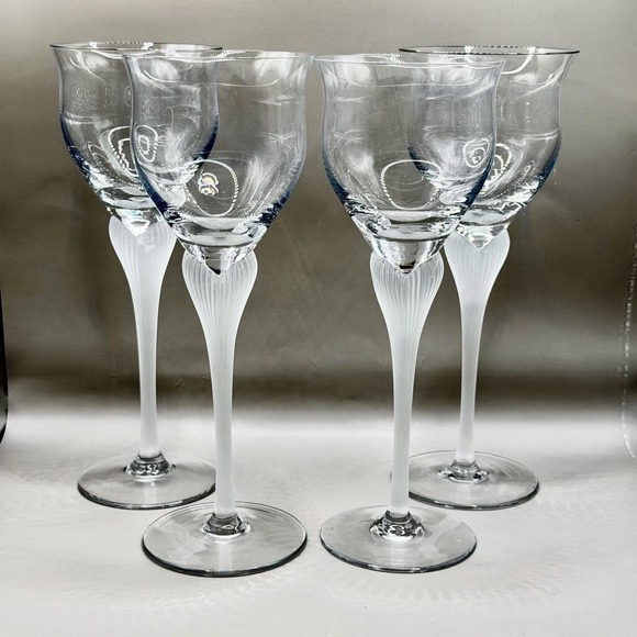 Mikasa Sea Mist Wine Glasses Frosted Ribbed Stem Crystal 9.25